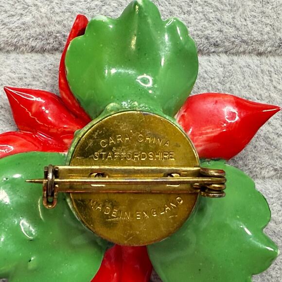 Vintage Brooch Cara Staffordshire Poinsettia England Red Porcelain Pin w FLAWS - Picture 7 of 15